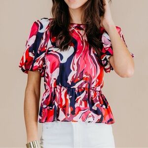 CROSBY by Mollie Burch Angela Bow Pink Peplum Top Blouse Aspen Print Size XS